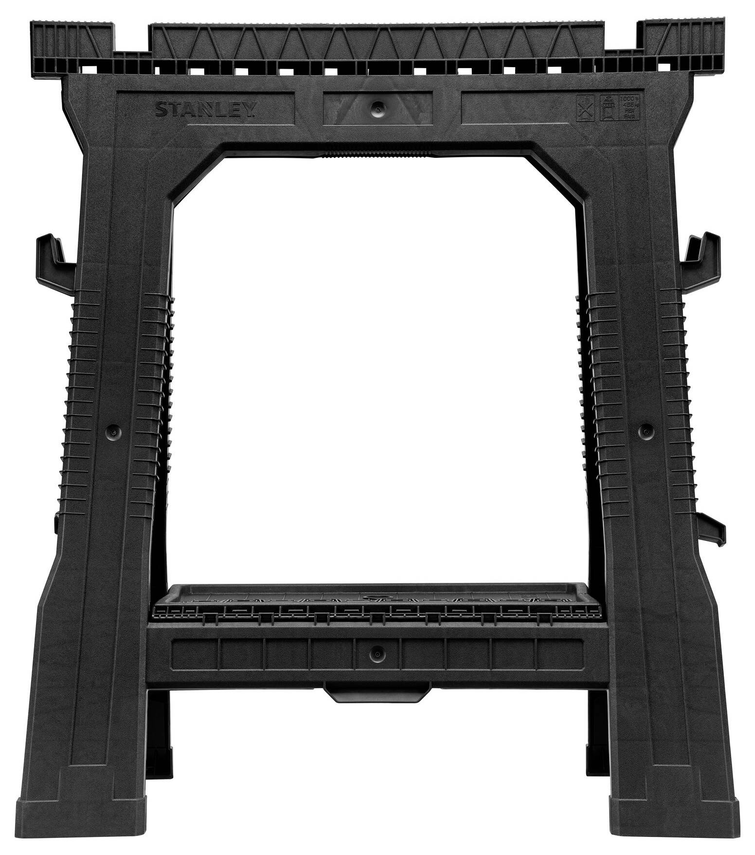 Black, folding plastic trestle from high-grade plastic, sturdy and robust, with serrated design to support work materials.