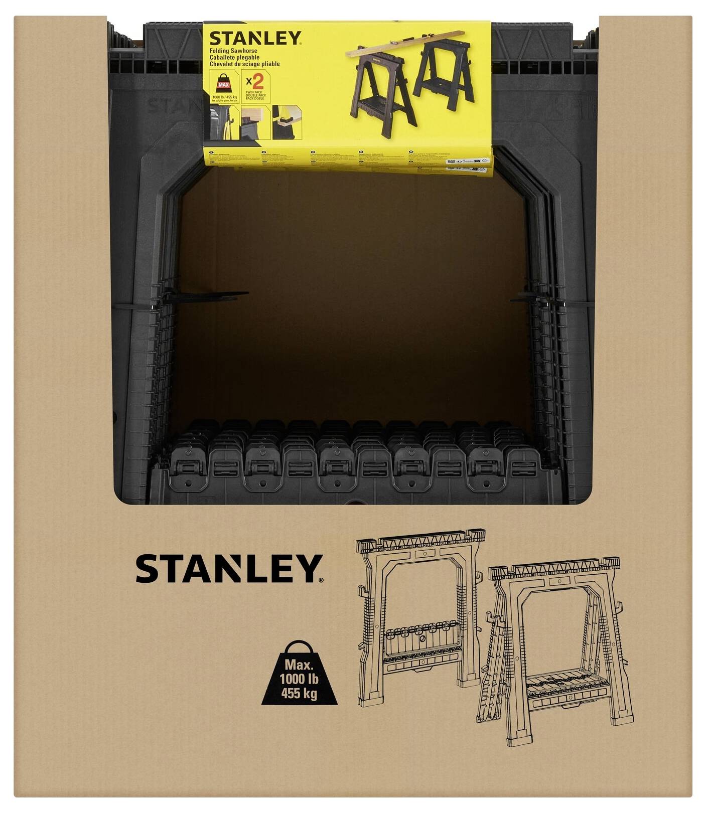A brown packaging with two Stanley sawhorses depicted. Labelling reads: 'Max. 1000 lb / 455 kg'. Brand name and product information visible.