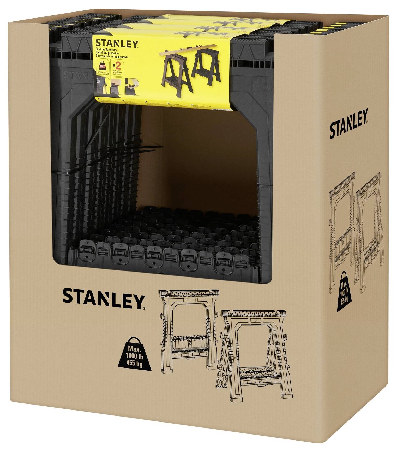 Box of 'STANLEY' sawhorses, load capacity up to 1000 lbs. Printed assembly diagrams and yellow label. Contains two sawhorses.