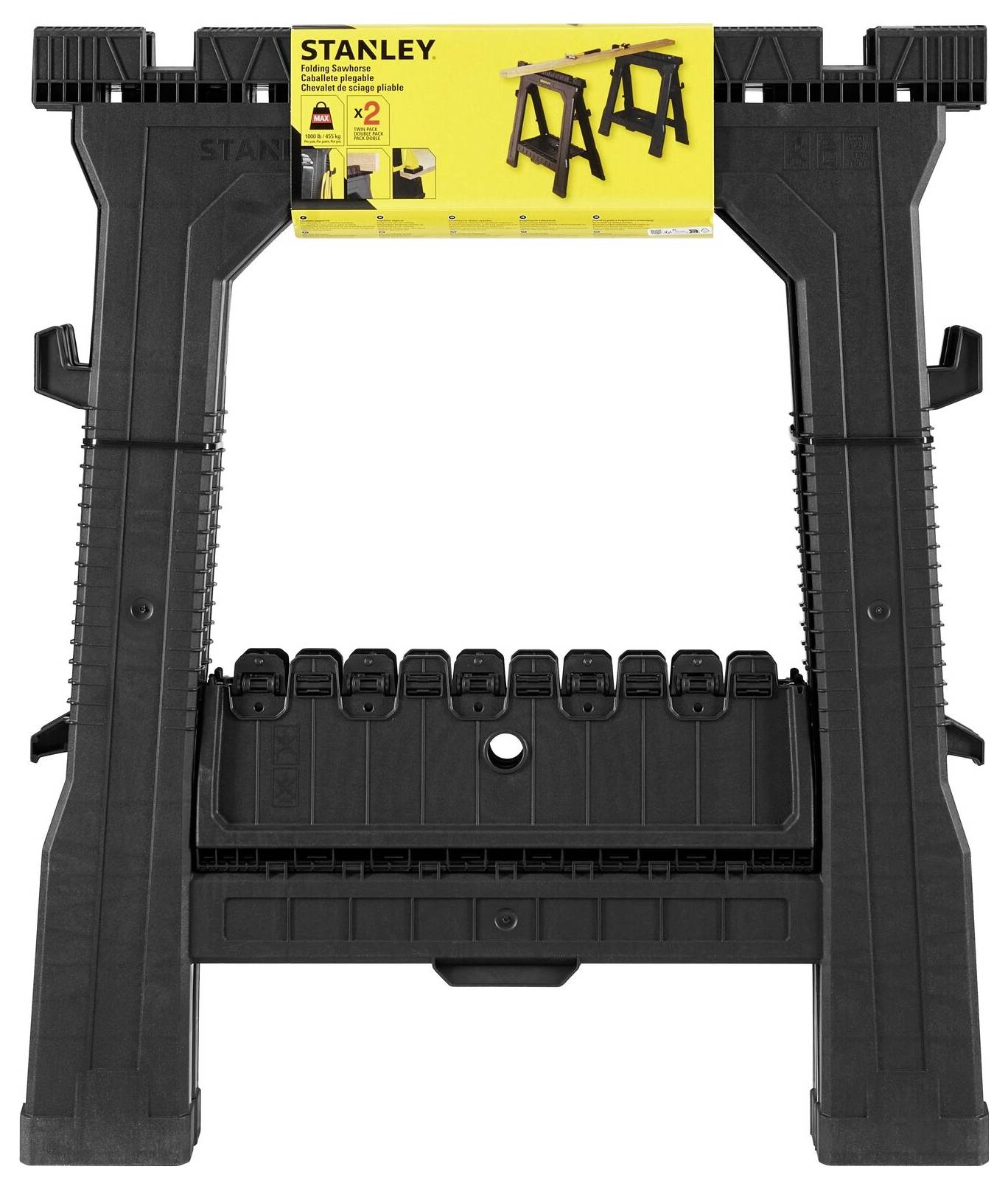 Black work trestle by Stanley with a yellow packaging label showing two folded trestles. Perfect for DIY projects.