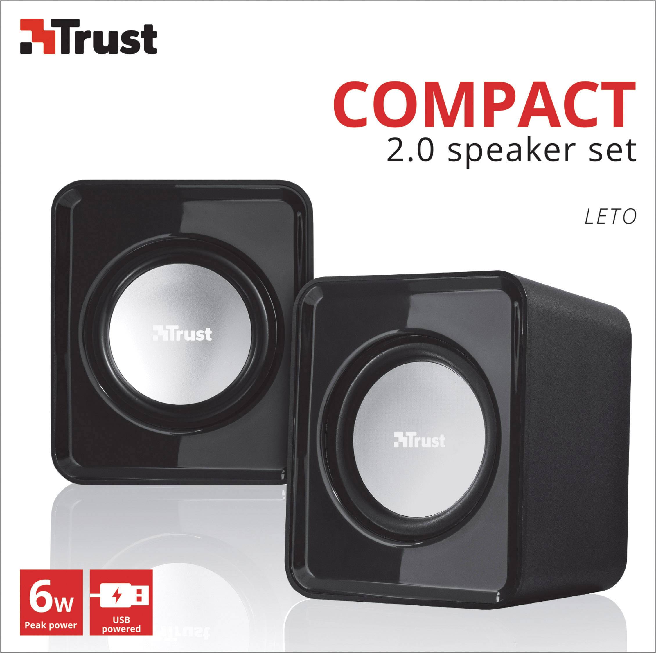 Compact 2.0 speaker set by Trust with 6W peak performance and USB power supply, illustration shows two black speakers.