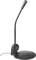 Black desk microphone with flexible gooseneck and sturdy round base, suitable for voice recording or virtual meetings.