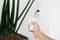 A hand is holding a remote control pointed towards a socket mounted on a wall. A plant is visible in the background.