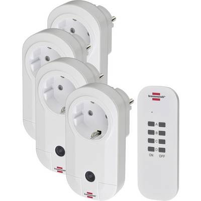 Wireless remote-controlled power socket set with four plug-in adapters and a handheld on/off remote labeled A, B, C, and D.<br>