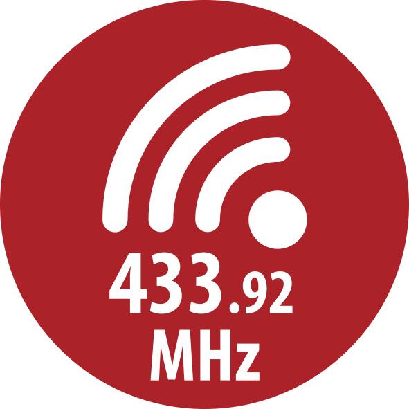 Red circular radio icon showing wireless signal waves and the text '433.92 MHz' in white.