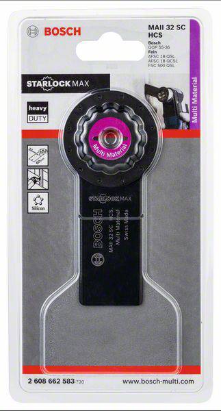 Packaging for a Bosch Starlock Max MAII 32 SC HCS tool. Suitable for multi-material. Heavy-duty. Includes tool image.