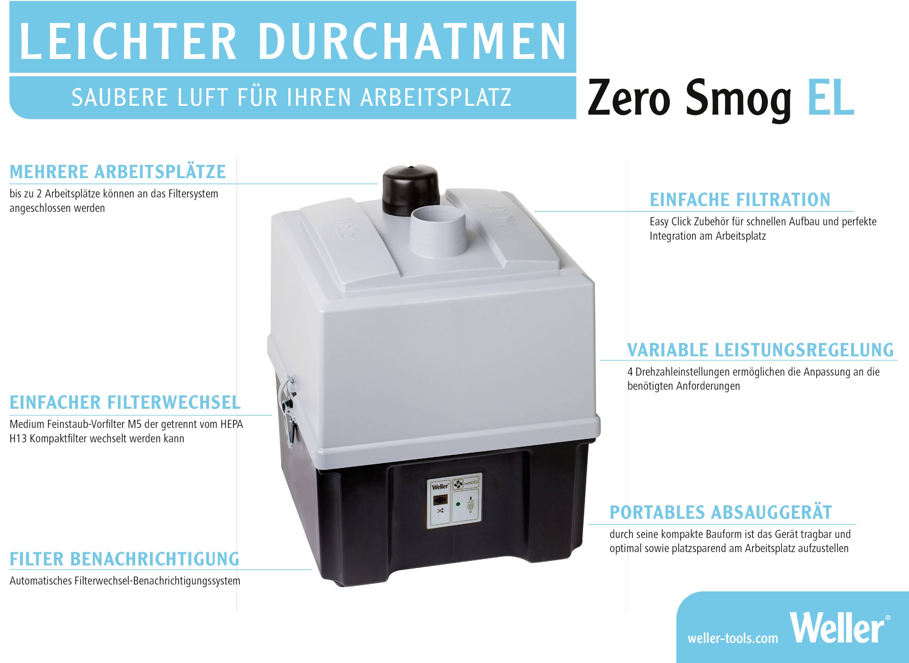 'Image of an air filtration system: Breathe easier with the Zero Smog EL. Features: up to 2 workstations, easy filter replacement, variable performance, portable.'