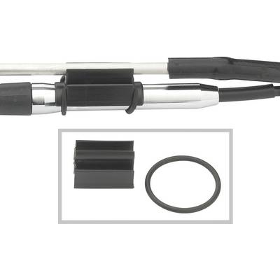 Close-up of a metal and plastic connector with a black casing. In the foreground is a separate gasket ring illustration.