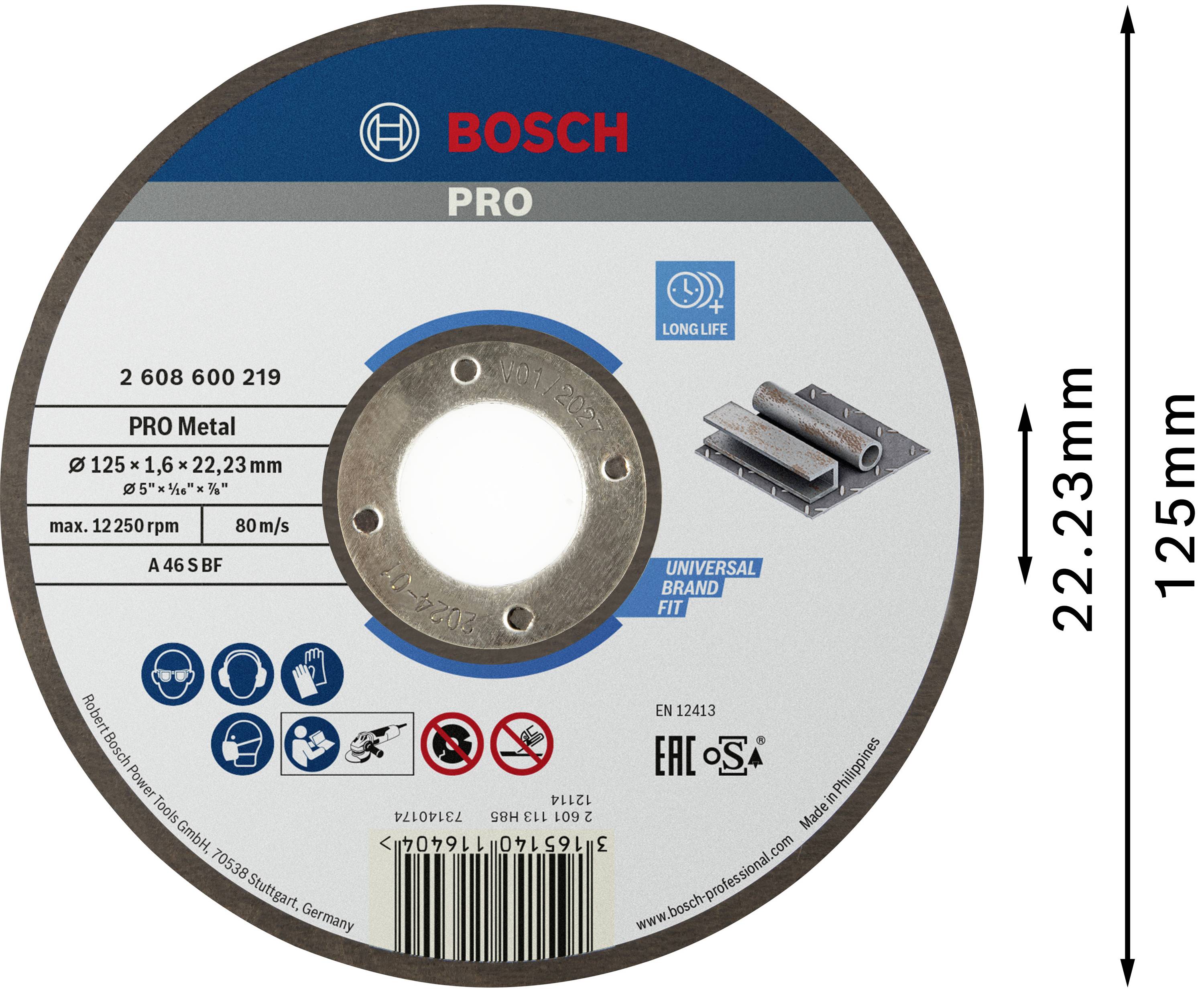 Grinding disc with Bosch logo for metalworking, diameter 125 mm, thickness 1.6 mm, suitable for stainless steel, durable.