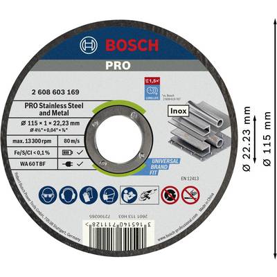 Bosch Pro grinding disc for stainless steel and metal, diameter 115 mm, thickness 1 mm, max. 13,300 RPM, suitable for universal tools.