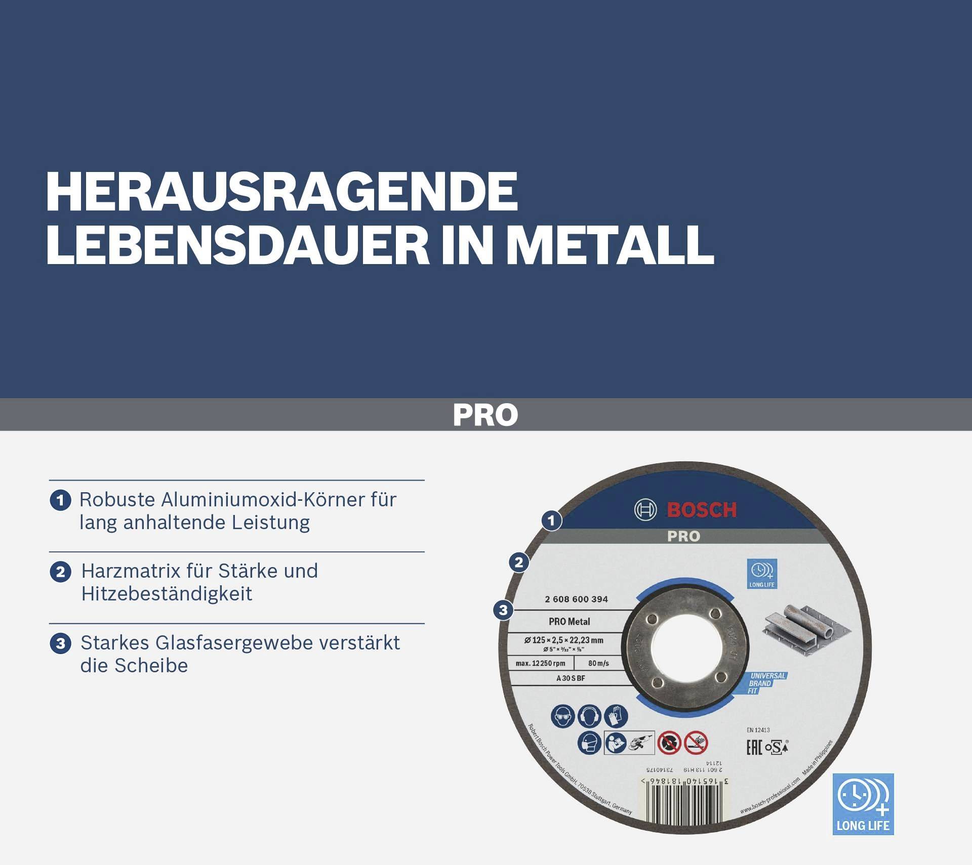 'Grinding disc with robust aluminium oxide grains for long-lasting performance in metal. Resin matrix increases strength and heat resistance.'