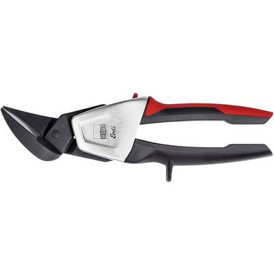 Metal shears with ergonomic handles in black and red, suitable for precise cutting work on sheet metal and other materials.