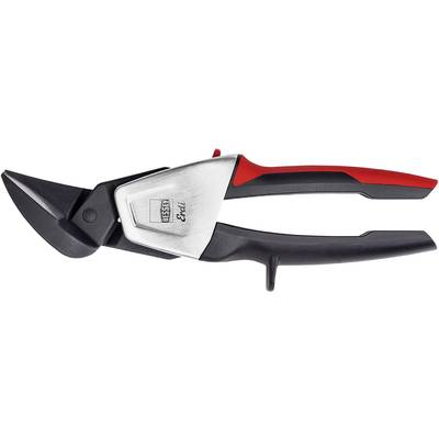 Metal shears with red and black handles, robust silver central section, suitable for cutting sheet metal.