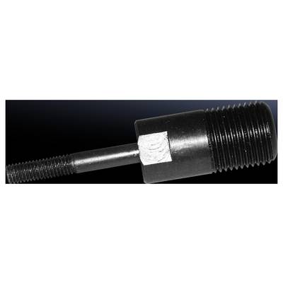 A black metal adapter with two differently sized threads connects two components. Suitable for machine assembly.