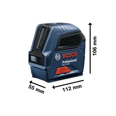 A Bosch laser distance meter, model GLL 2-10, in blue with dimensions of 106 mm height, 112 mm width and 55 mm depth.