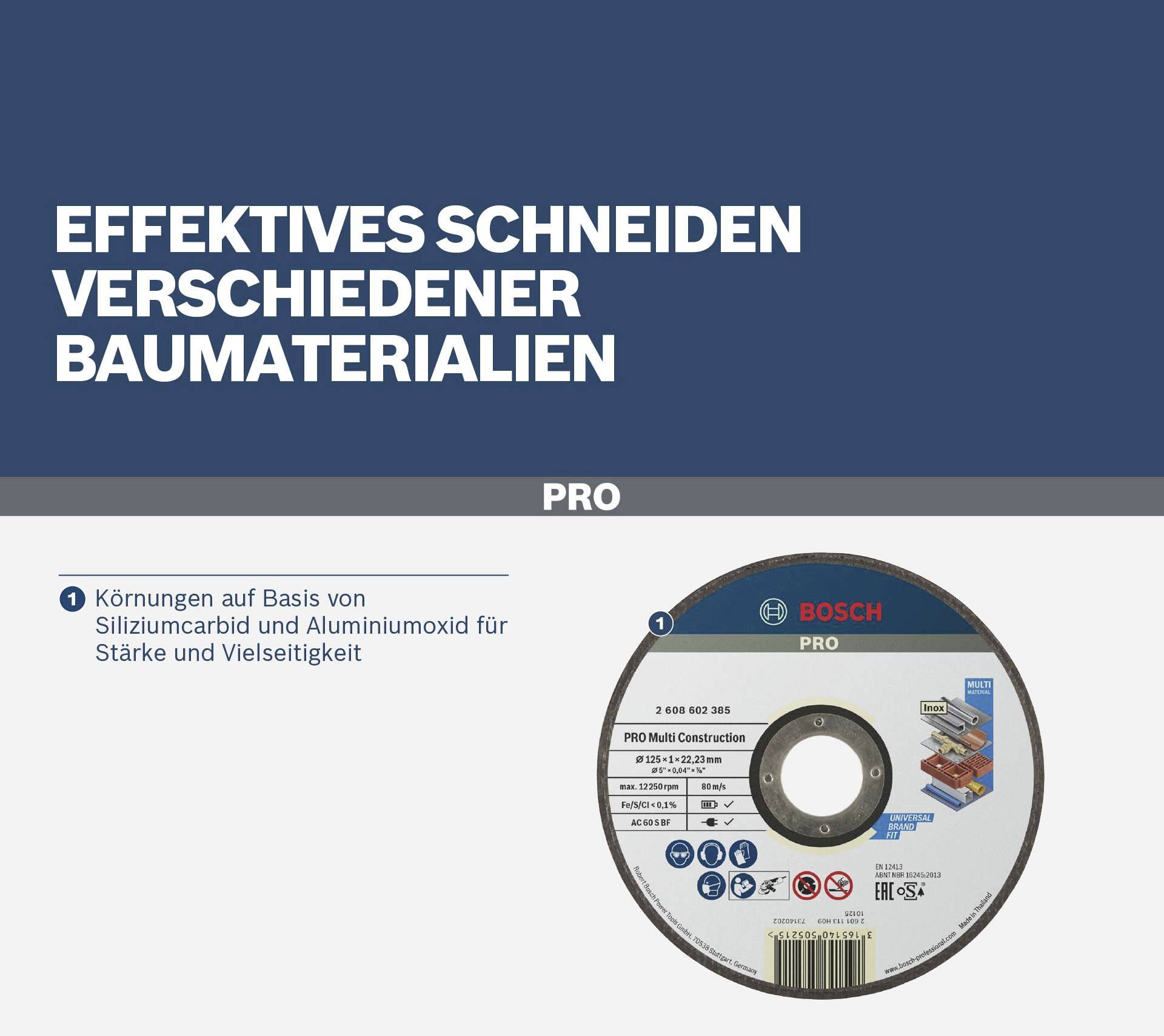 'A Bosch PRO cutting disc for effective cutting of various building materials. Highlighted strength and versatility.'
