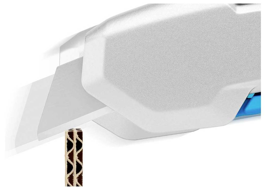 A silver safety knife slices through a cardboard box. The knife head is partially visible, highlighting the sharp blade.