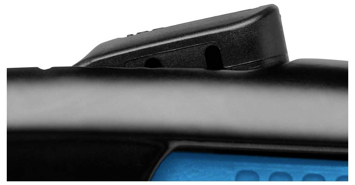 Black and navy blue device with a detailed view of a switch button, potentially part of an electrical tool or appliance.