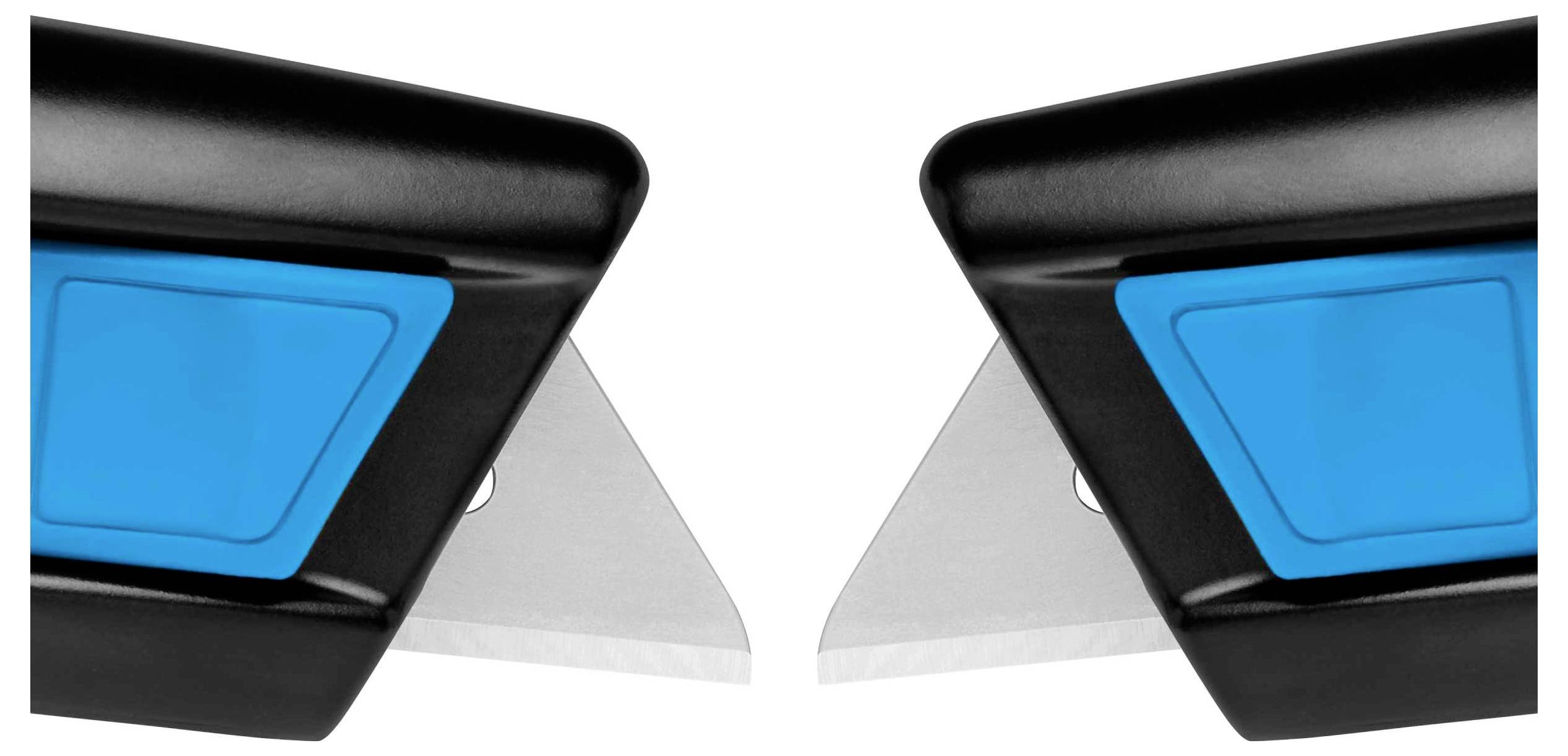 Two utility knives with blue push buttons, positioned symmetrically opposite each other.