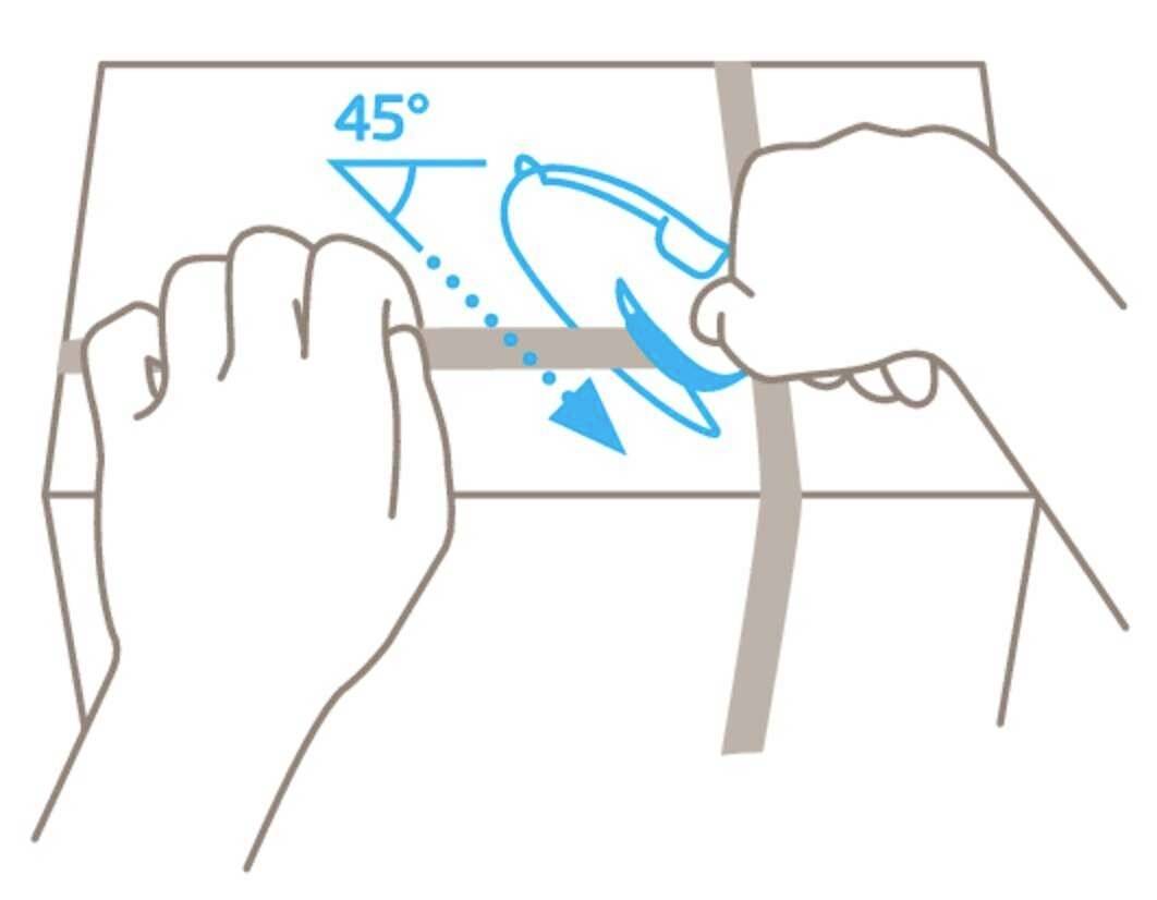 Drawing shows hands opening a package with a knife at a 45-degree angle along the edge.