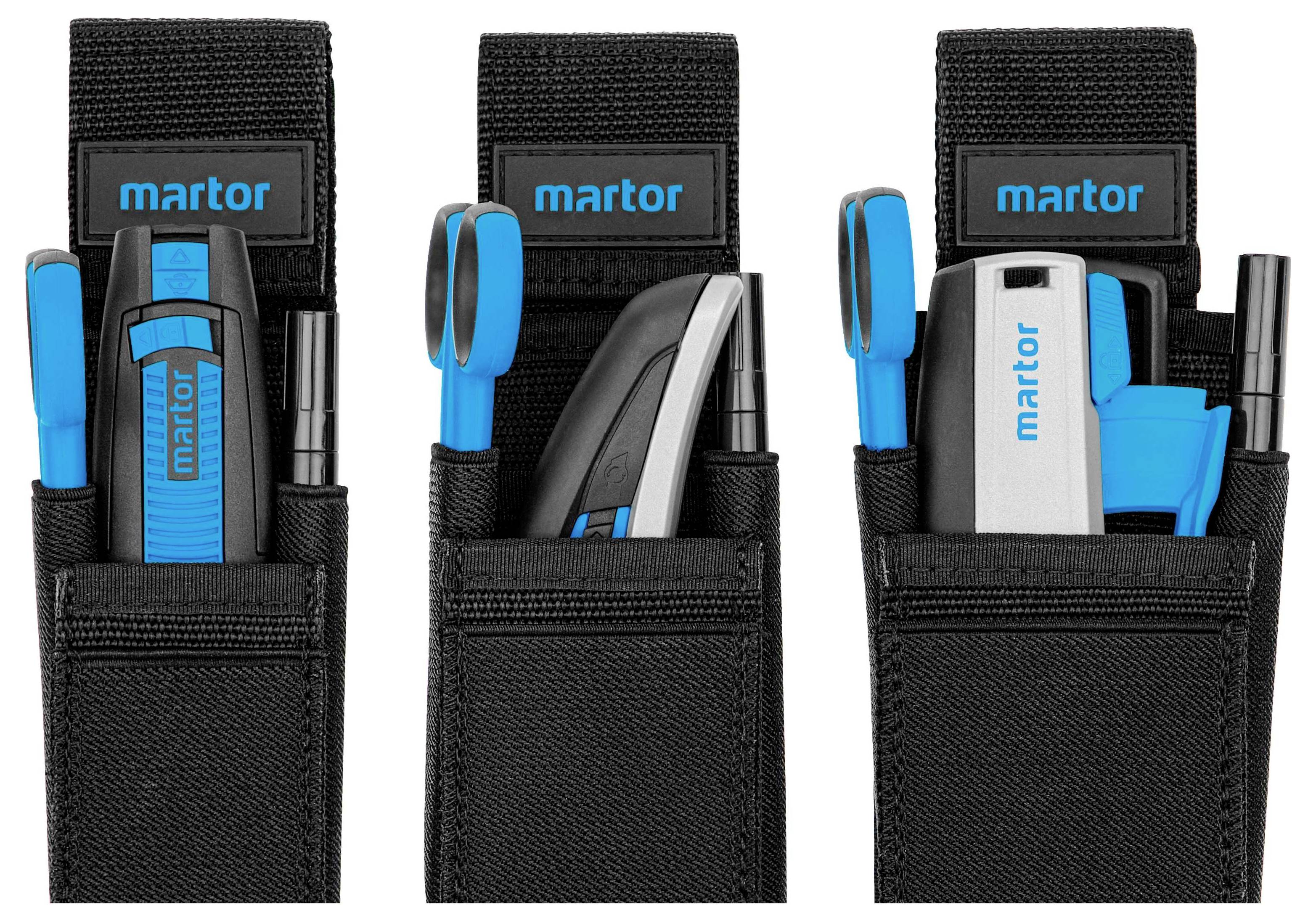 Three black tool holsters, each filled with trick knives, safety knives and pens in blue and black colours.