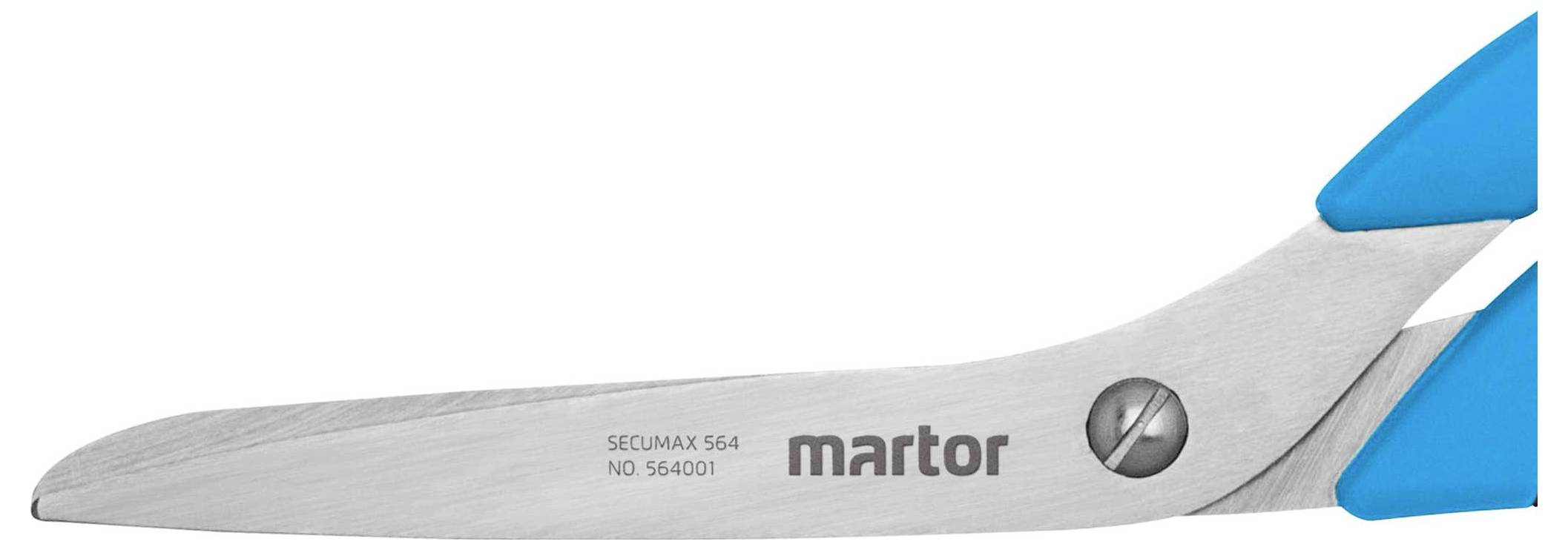 A silver scissors with blue handles, with 'SEUMAX 564, NO 564001, martor' printed on the blade.