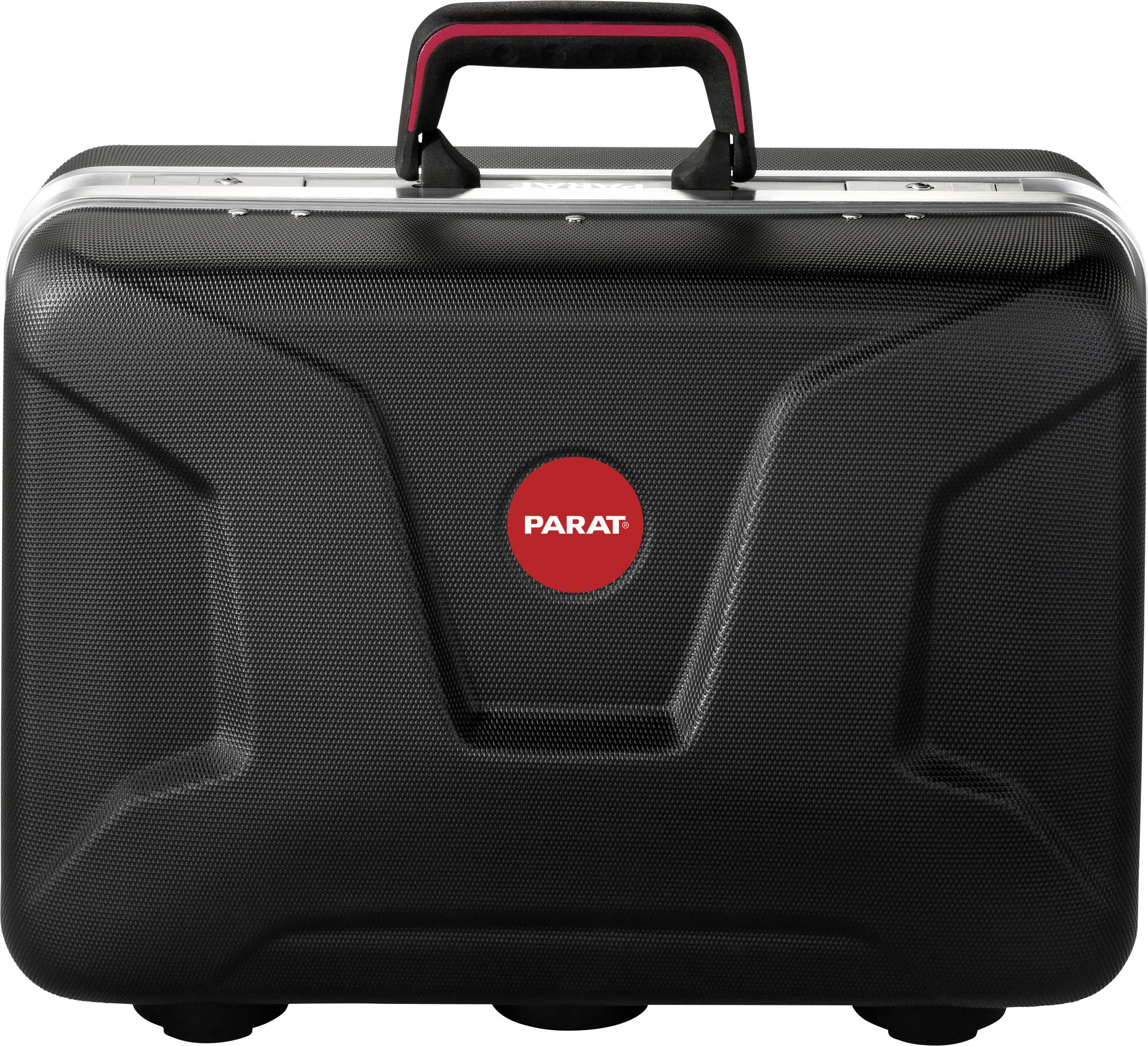 A black suitcase with a red Parat logo in the centre and a black handle.