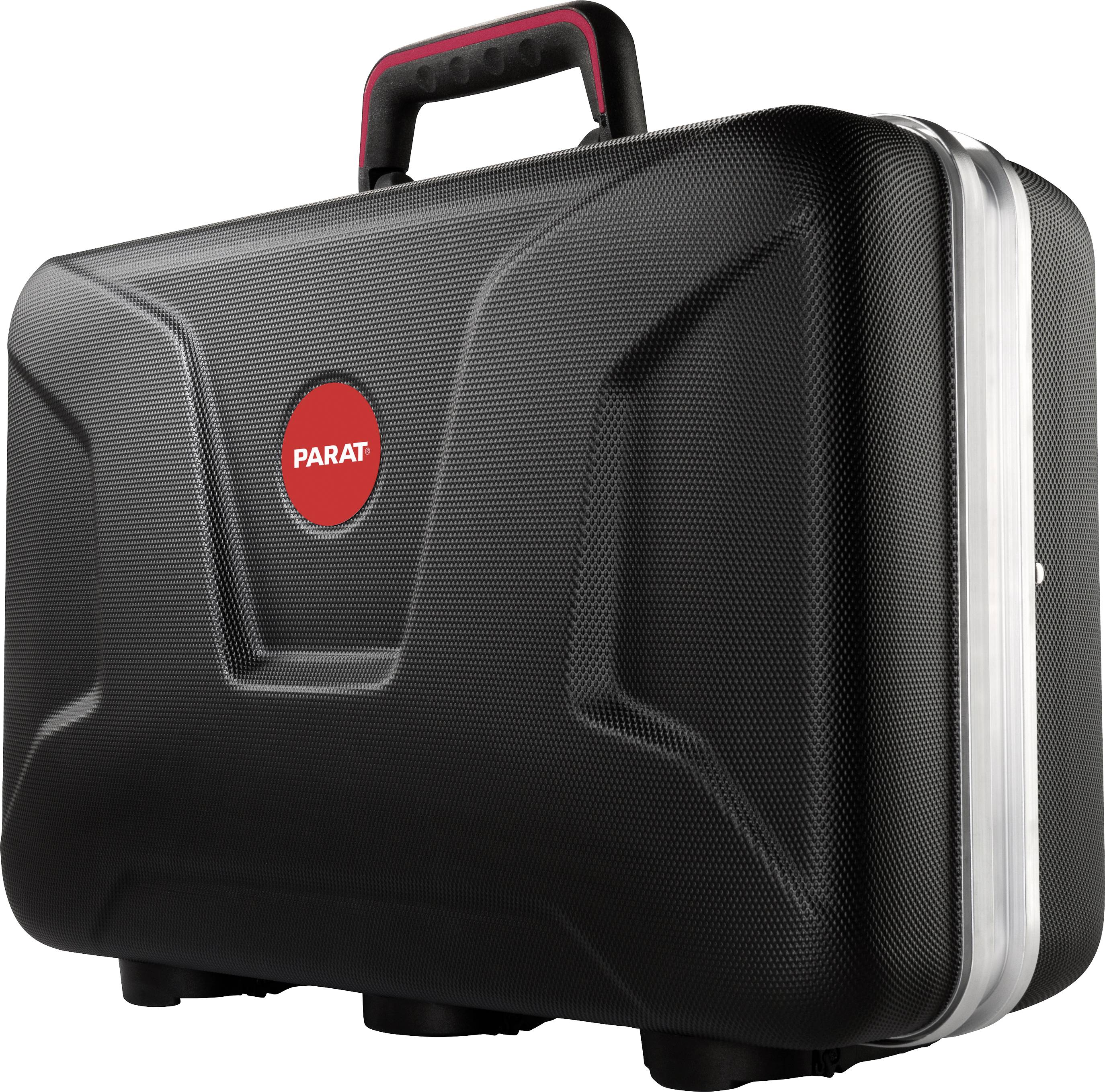 Black suitcase with silver zip system and red 'PARAT' logo on the front.