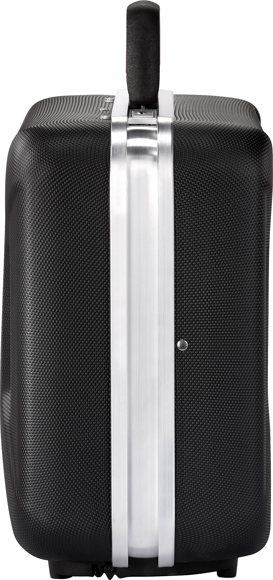 Black hard-shell suitcase with sturdy handle, side silver metal reinforcement, vertical orientation; ideal for travelling.