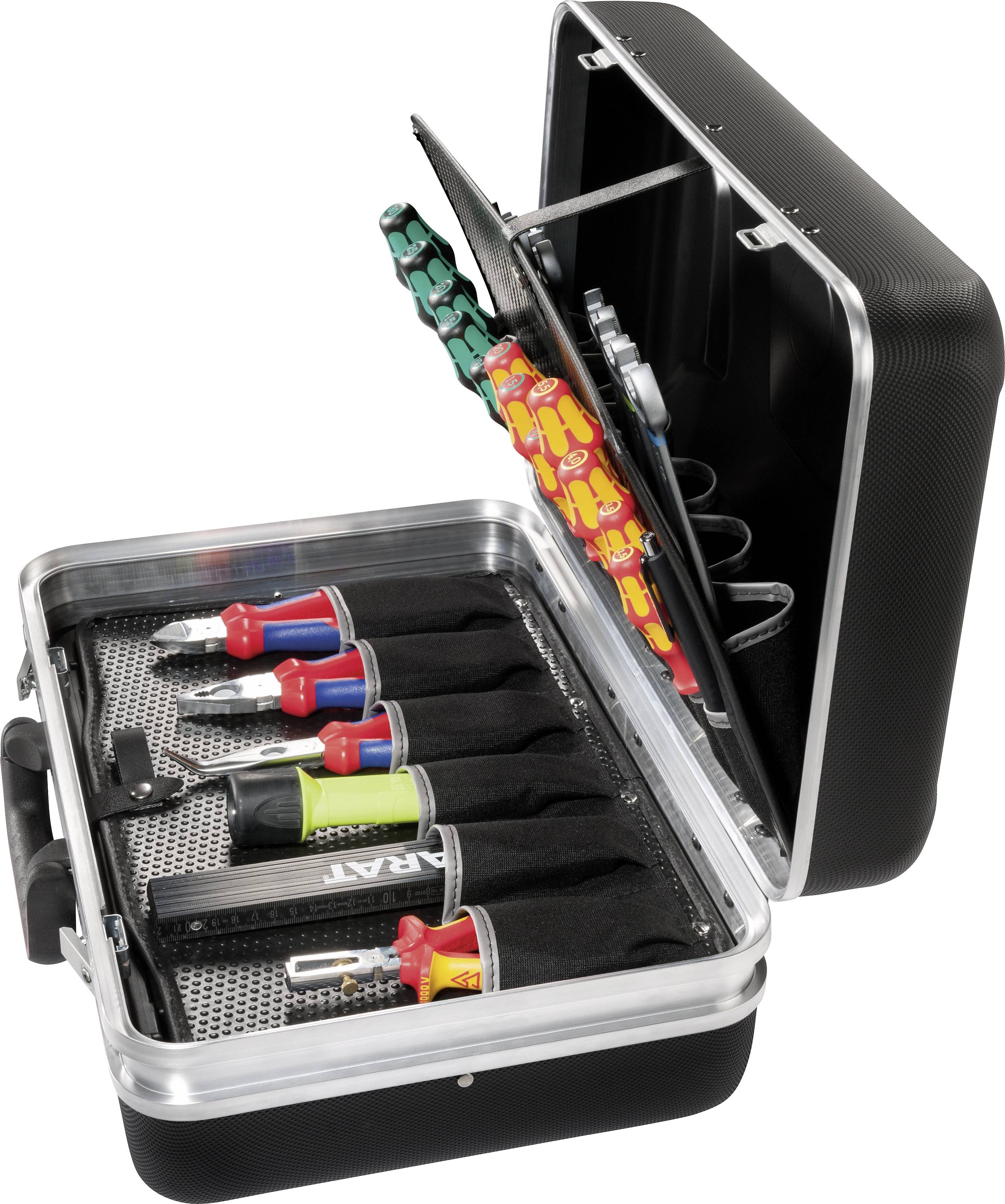 Open toolbox with various screwdrivers and pliers arranged in neat compartments.