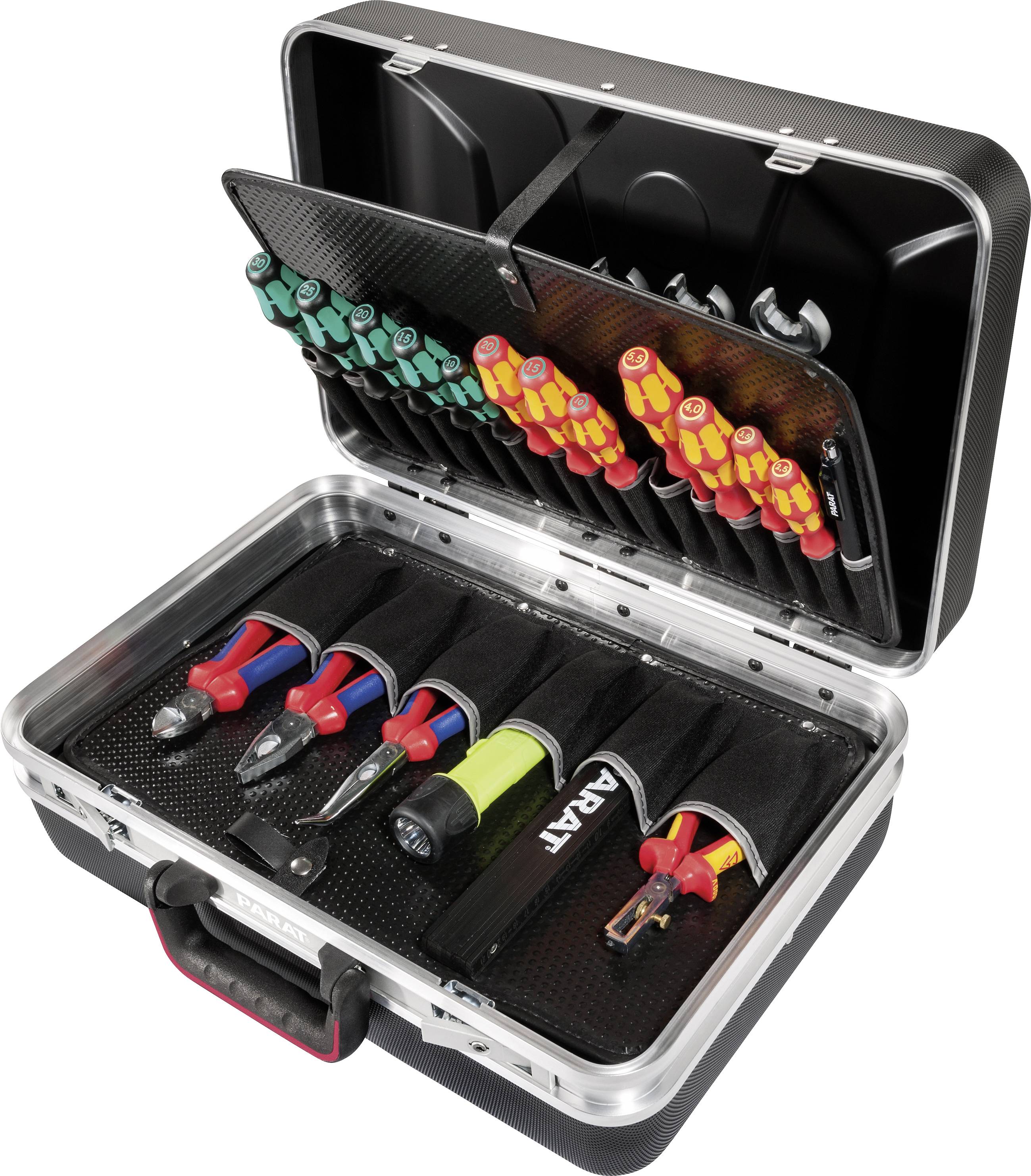 Open tool case with sorted screwdrivers, pliers and other hand tools in compartments.