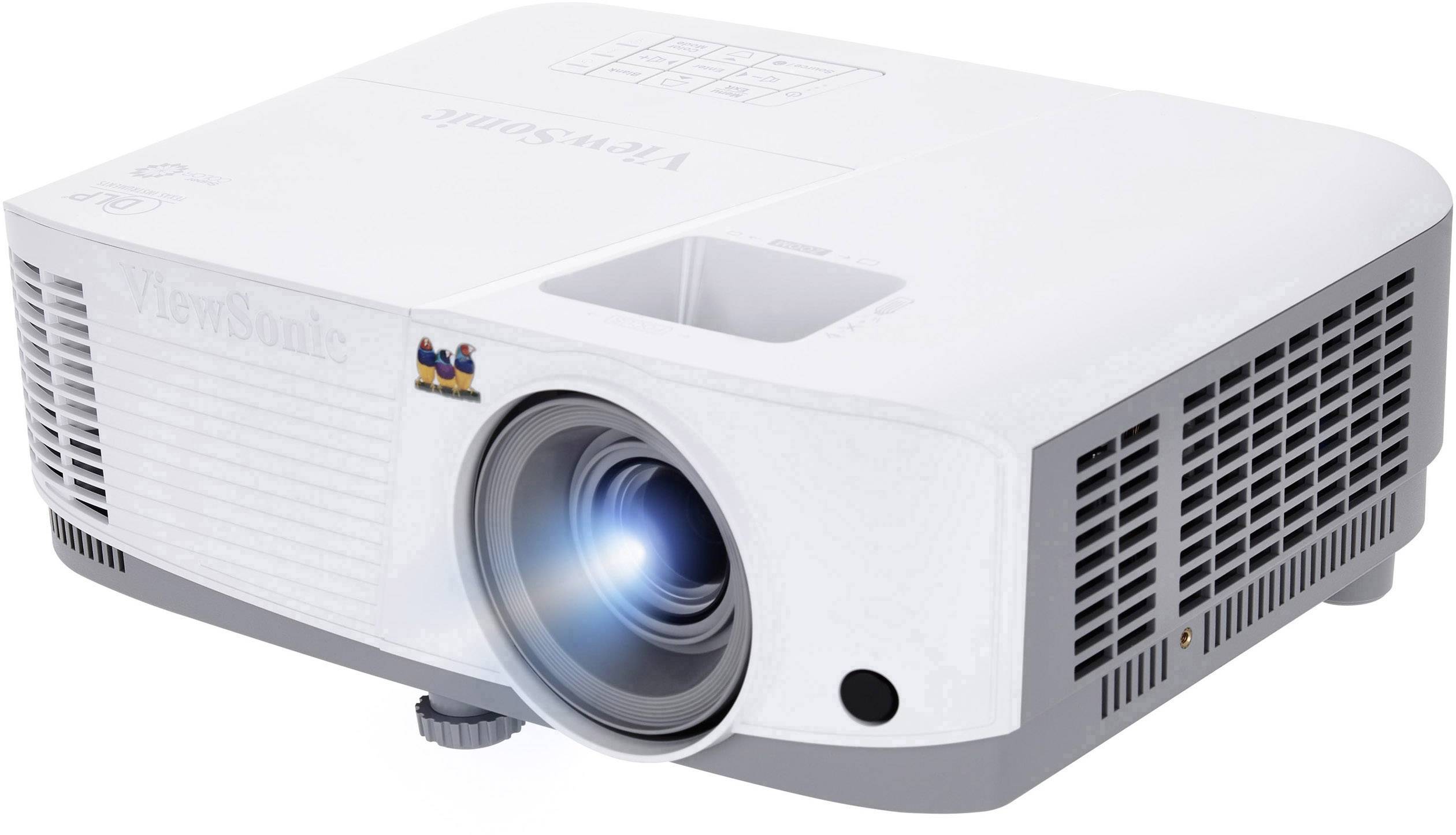 White projector with visible ventilation slots and lens, suitable for presentations or home cinema applications.