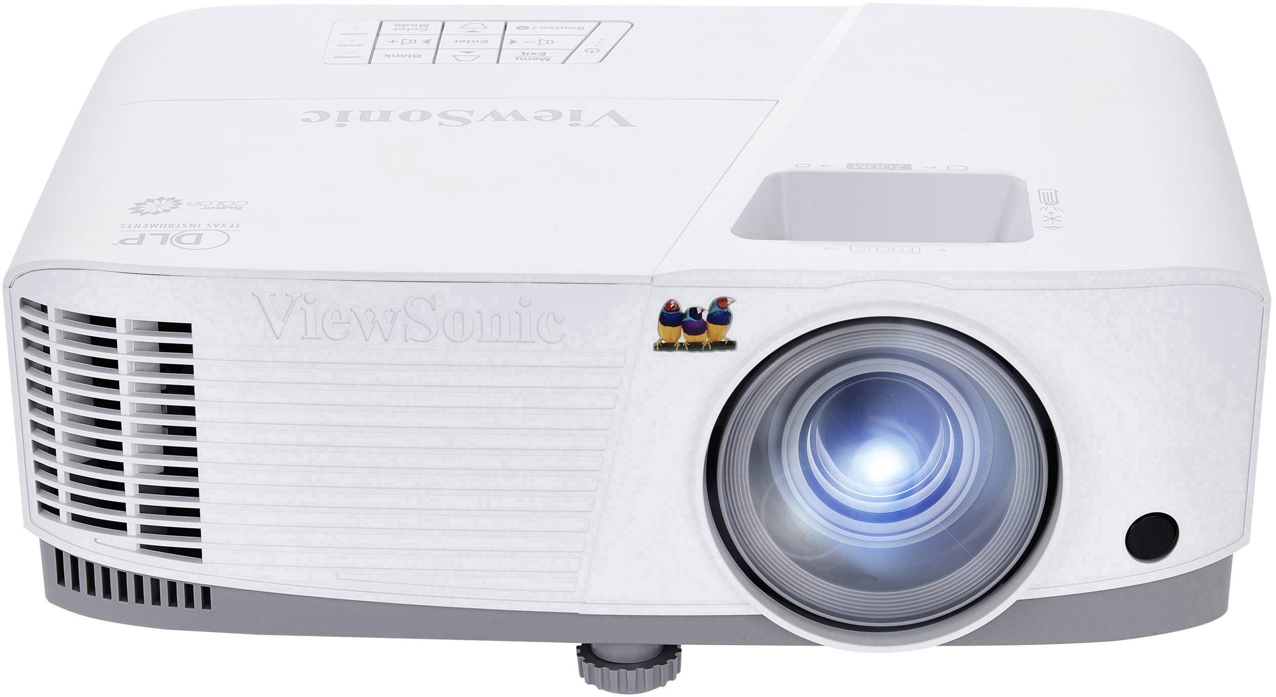 A white projector with a blue-illuminated lens, top control panel, and ventilation slots on the side, suitable for presentations.