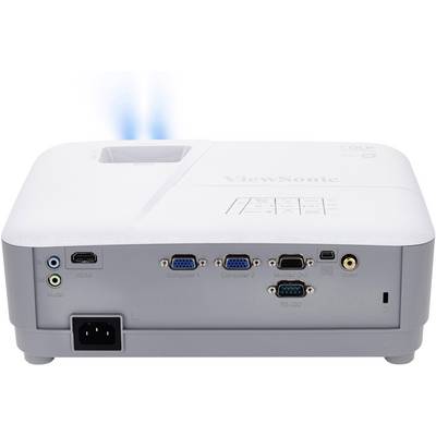 A white projector viewed from behind, showing various ports: HDMI, VGA, Audio and USB. Ventilation slots are visible on the top.