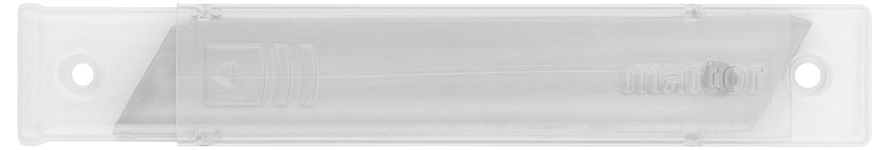 Transparent plastic packaging with a silver cutting blade inside, suitable for secure storage and transportation.