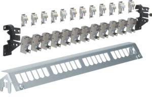 'Patch panel with multiple RJ45 ports and cover. Suitable for network cabling in data centres.'