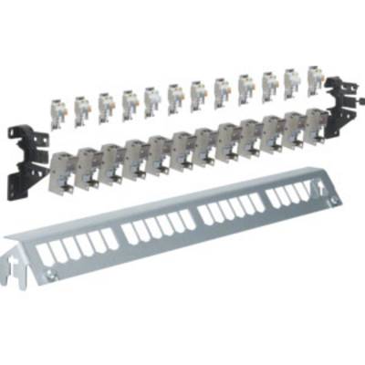 'Patch panel with multiple RJ45 ports and cover. Suitable for network cabling in data centres.'