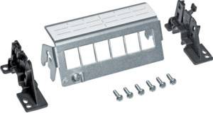 Metal frame with six screws and two plastic mounting brackets for wall mounting, potentially for a technical or electrical device.