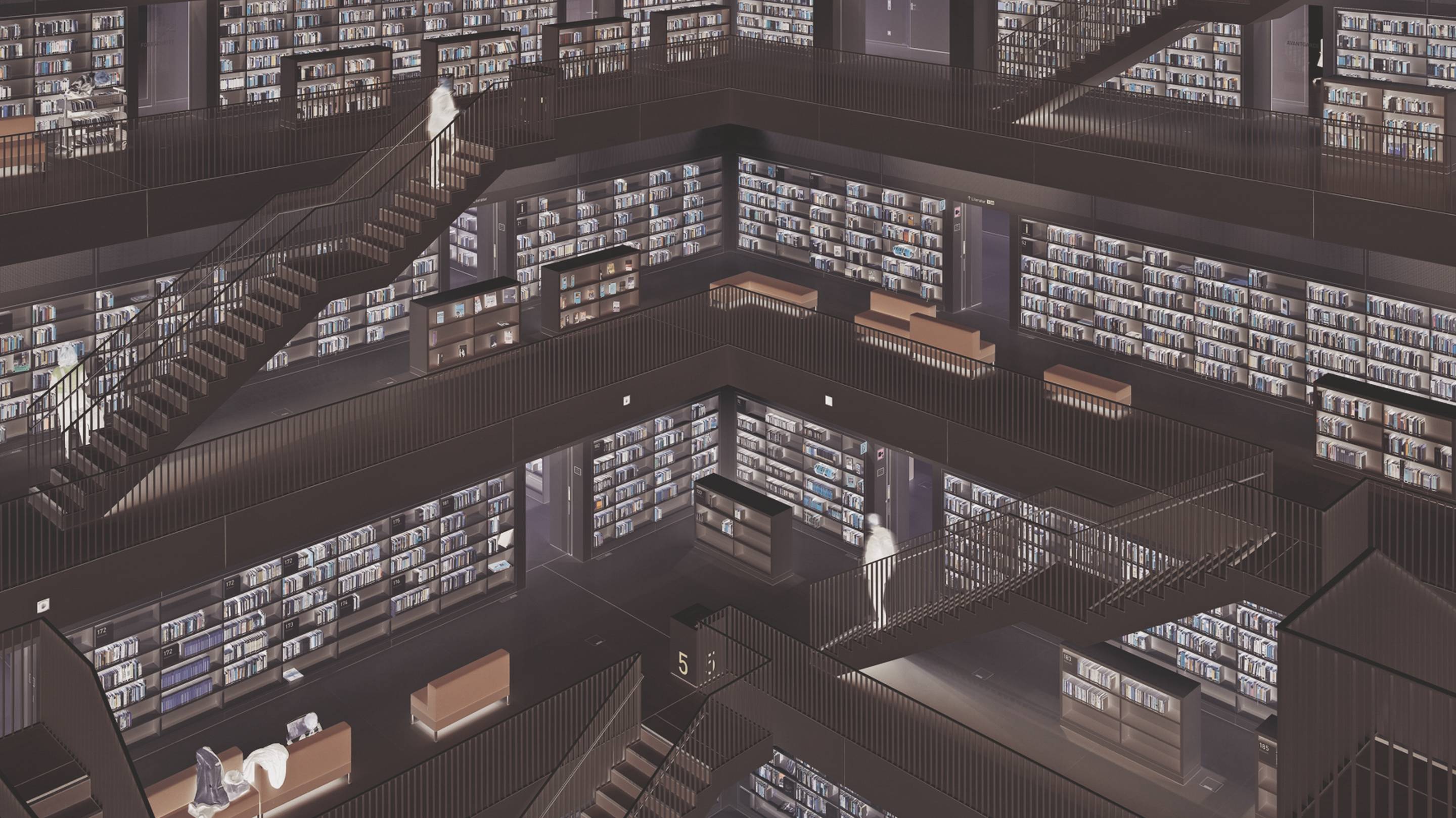 A modern, multi-storey library with shelves full of books and multiple levels, connected by staircases. Several people can be seen.