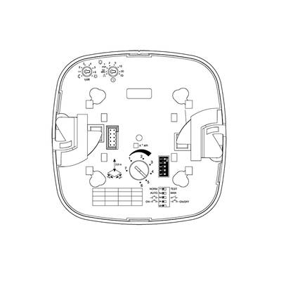 Diagram of a device with electrical connections and settings. Two rotary dials at the top, central connections, and switches in the bottom right.