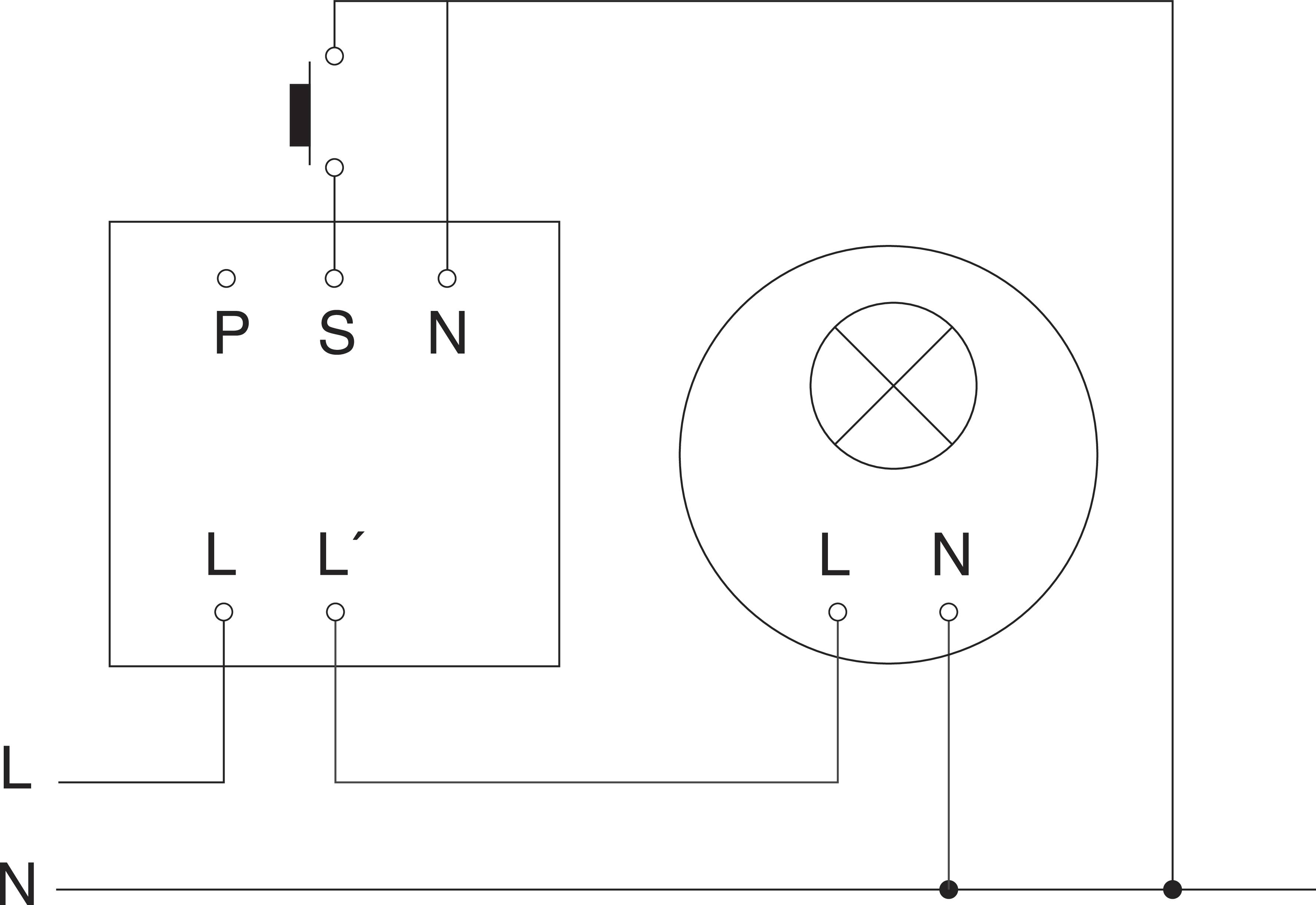 'Circuit diagram of an electrical system with switches, transformer and lamp. Connections L and N marked. Wiring shown.'