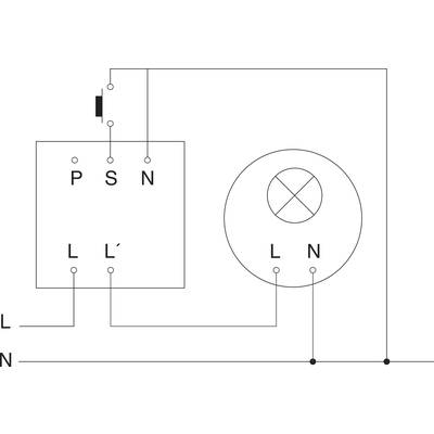'Circuit diagram of an electrical system with switches, transformer and lamp. Connections L and N marked. Wiring shown.'