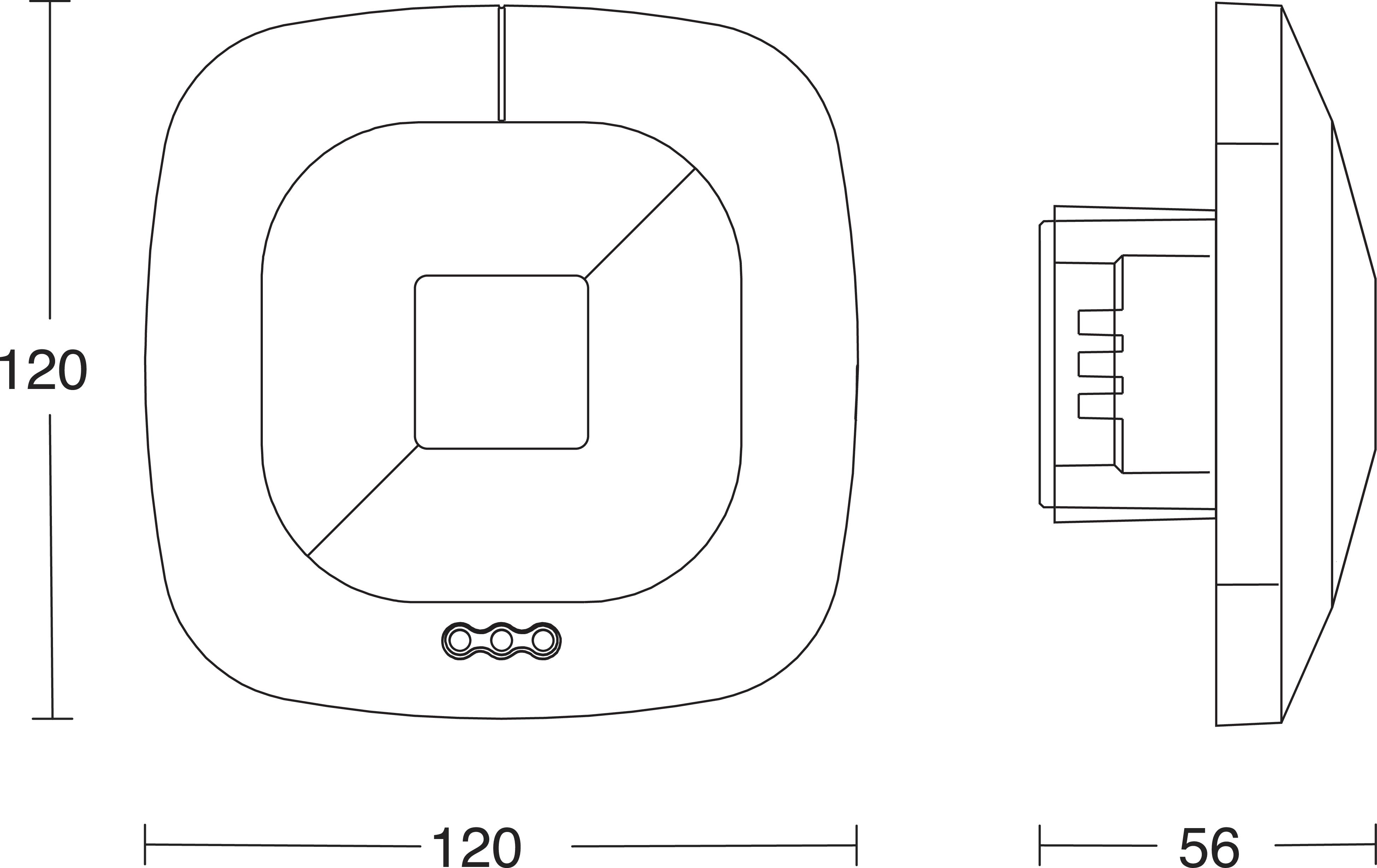 Technical drawing of a square sensor. Dimensions: 120x120x56 mm. Shows front and side view with technical details.