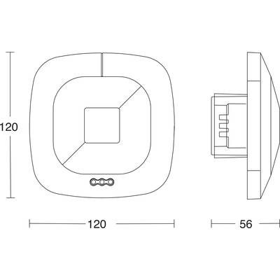 Technical drawing of a square sensor. Dimensions: 120x120x56 mm. Shows front and side view with technical details.