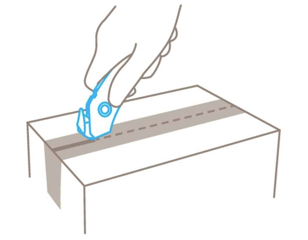 'Hand cutting adhesive tape on a cardboard box with a craft knife.'