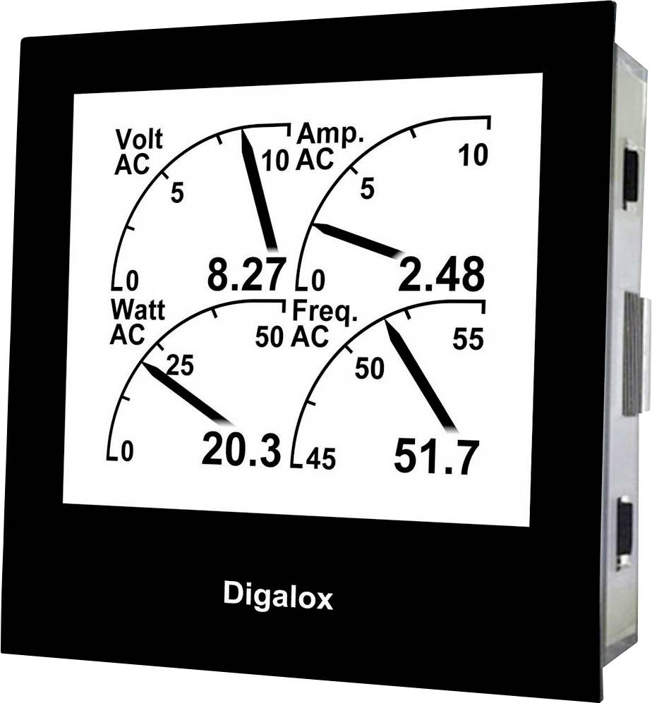 A digital measuring device with four displays: 'Volt AC' shows 8.27; 'Amp. AC' shows 2.48; 'Watt AC' shows 20.3; 'Freq. AC' shows 51.7.