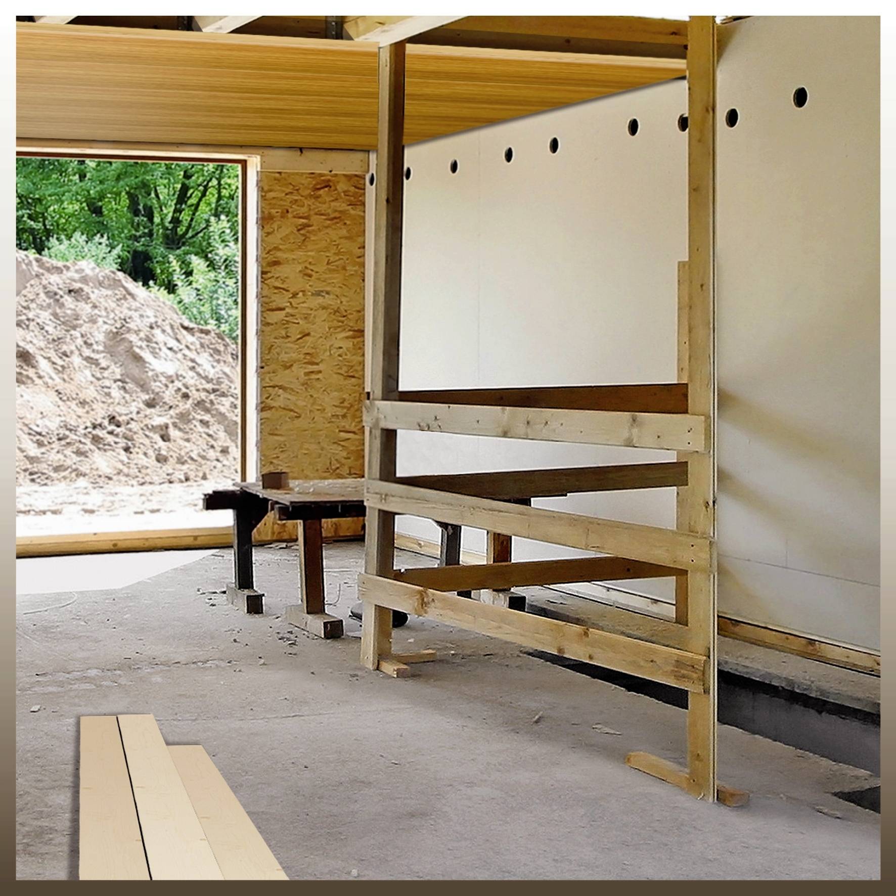 Interior of a construction site with wooden scaffolding. An open window reveals earth and green trees. Structural elements are under construction.