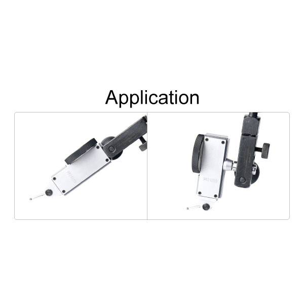 Equipment for Use: A metal device shown in two views, displayed with a movable arm and a mounting point.