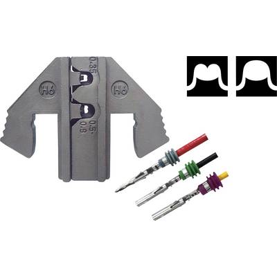 Image shows a crimping tool with three coloured plugs in the foreground and a stylised logo in the background.