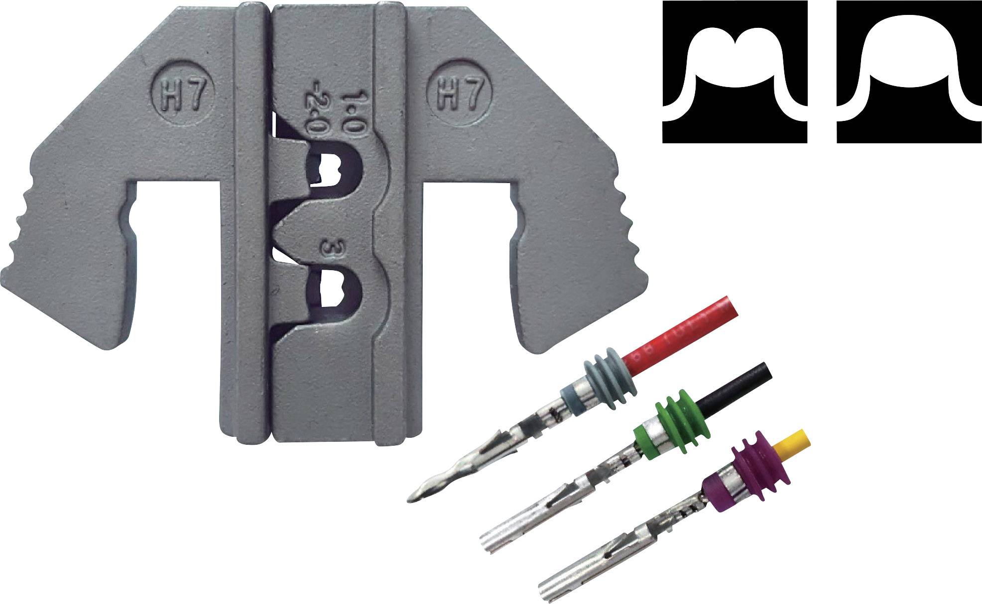 'Crimping tool H7 with multiple connectors in various colours. Top right: two symbolic graphics of wavy lines.'